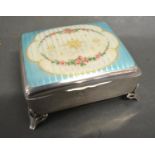 Silver and Enamel Trinket Box the cover with Guilloche enamel, raised upon four shaped scroll