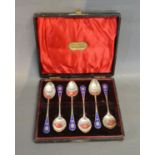 A Set of Six Birmingham Silver and Enamel Teaspoons within fitted lined case
