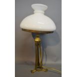 An Arts And Crafts Brass Table Lamp With Opaque Glass Shade, 50cm tall