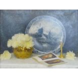 A Late 20th Century Oil On Canvas, Still Life Study Of A Delft Plate Upon A Table with an open book,