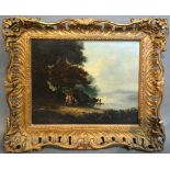 19th Century English School Lake Scene With Figures By A Bridge within a rural setting oil on