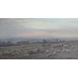 William Luker Topographical View Of A Coastline with sheep in the foreground at dusk, oil on board