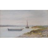 William Luker, Estuary Scene With Bridge, dated 1890 signed with monogram, oil on board, 15 by 26cm