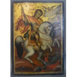 An Early Icon St. George And The Dragon Bearing Script, 43cm by 31cm