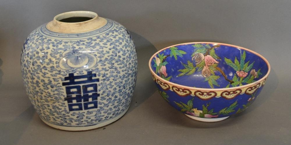 A 19th Century Chinese Large Ginger Jar, decorated in under glaze blue, together with a Chinese