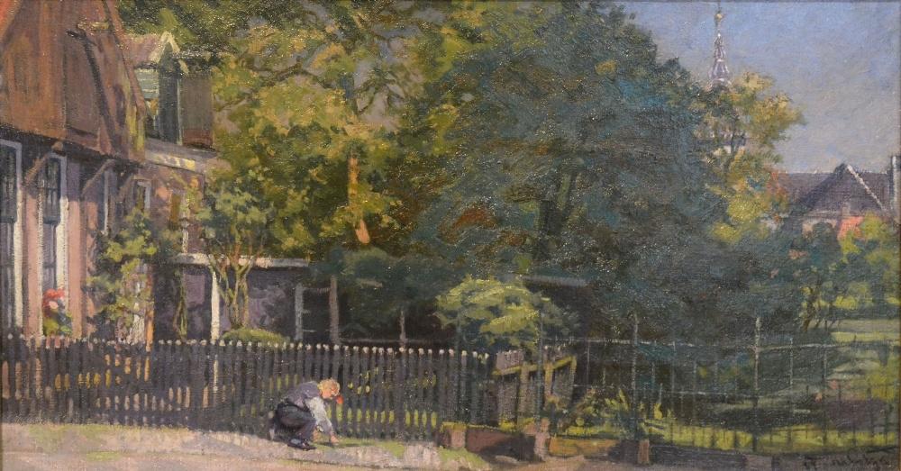 De Grys, A Figure Before A House With Trees In The Background, oil on canvas signed, 33 by 59cm