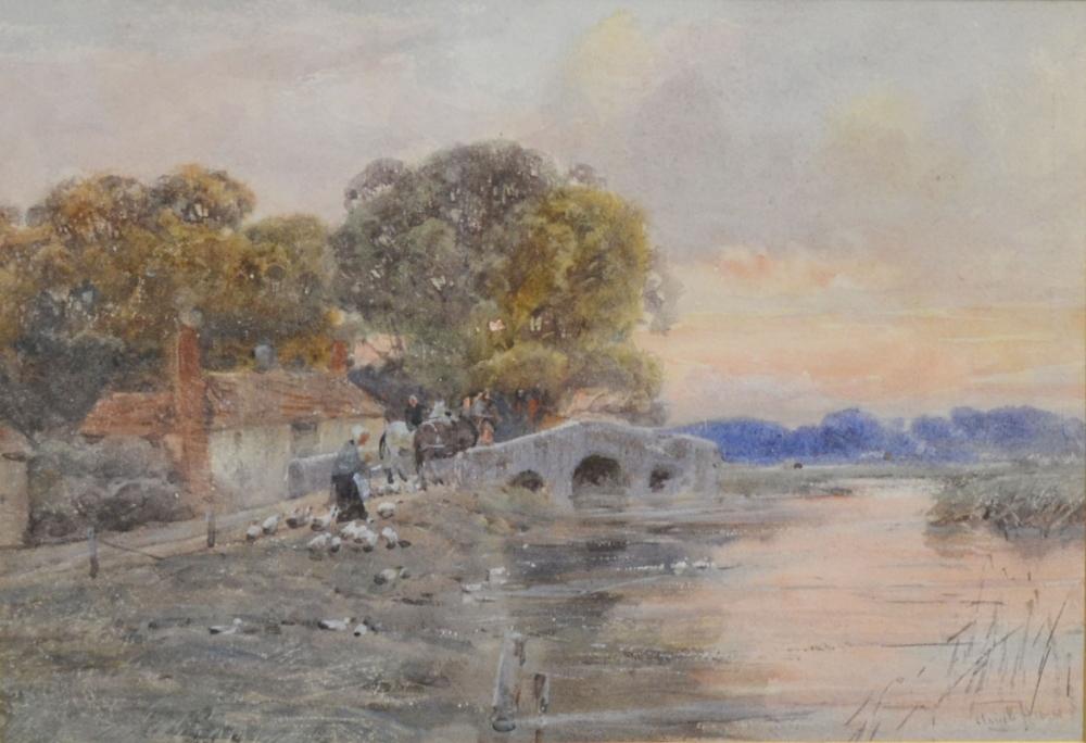 A Late 19th Early 20th Century Watercolour River Scene With Figures On A Bridge, indistinctly