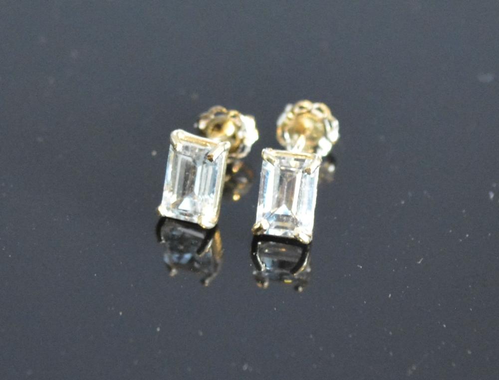 A Pair Of Yellow Gold Aquamarine Set Ear Studs Of Rectangular Form