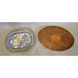 A Mahogany Shell Inlaid Galleried Tray Of Oval Form, together with a willow pattern under-glazed
