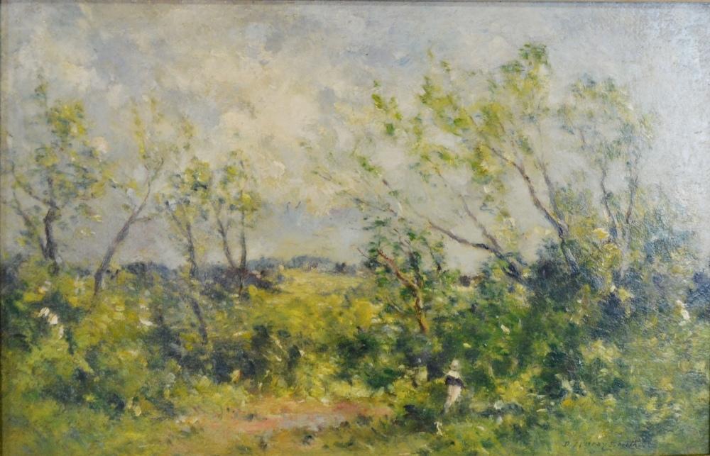 David Murray Smith 1865 - 1952 England, Spring Trees With Figure On A Track, signed oil on board, 19