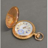 A 14 ct. Gold Full Hunter Pocket Watch With Three Colour Gold, the enamel dial with Roman numerals