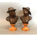 A Pair Of 19th Century Patinated Bronze Bust With Rouge Marble Socle, 14cm tall