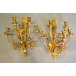 A Pair Of Gilt Metal Five Branch Wall Lights Of Scroll Form, 42cm long