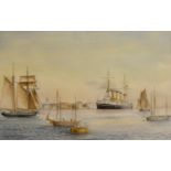 B C Newton Study Of A Steam Ship Off Portsmouth Coast with shipping, 26cm by 39cm