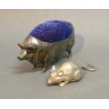 A Large Silver Plated Pin Cushion In The Form Of A Pig, together with small silver plated model of a