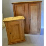 A 19th Century Pine Hall Cupboard The Moulded Top above two panel doors enclosing shelves,