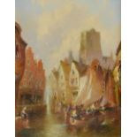 19th Century Dutch School, Barges Within An Estuary with town view behind, oil on canvas