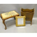 A Mahogany Three Division Canterbury Together with a rectangular stool and a small gilt framed