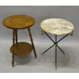 An Italian Walnut Marquetry Inlaid Two Tier Occasional Table, together with a similar marble top