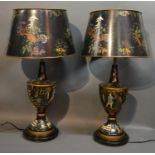 A Pair Of Tole-Ware Large Table Lamps Each Decorated with a chinoiserie design upon a black ground