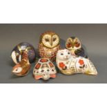 A Royal Crown Derby Decanter In The Form Of An Owl, together with five other similar Royal Crown