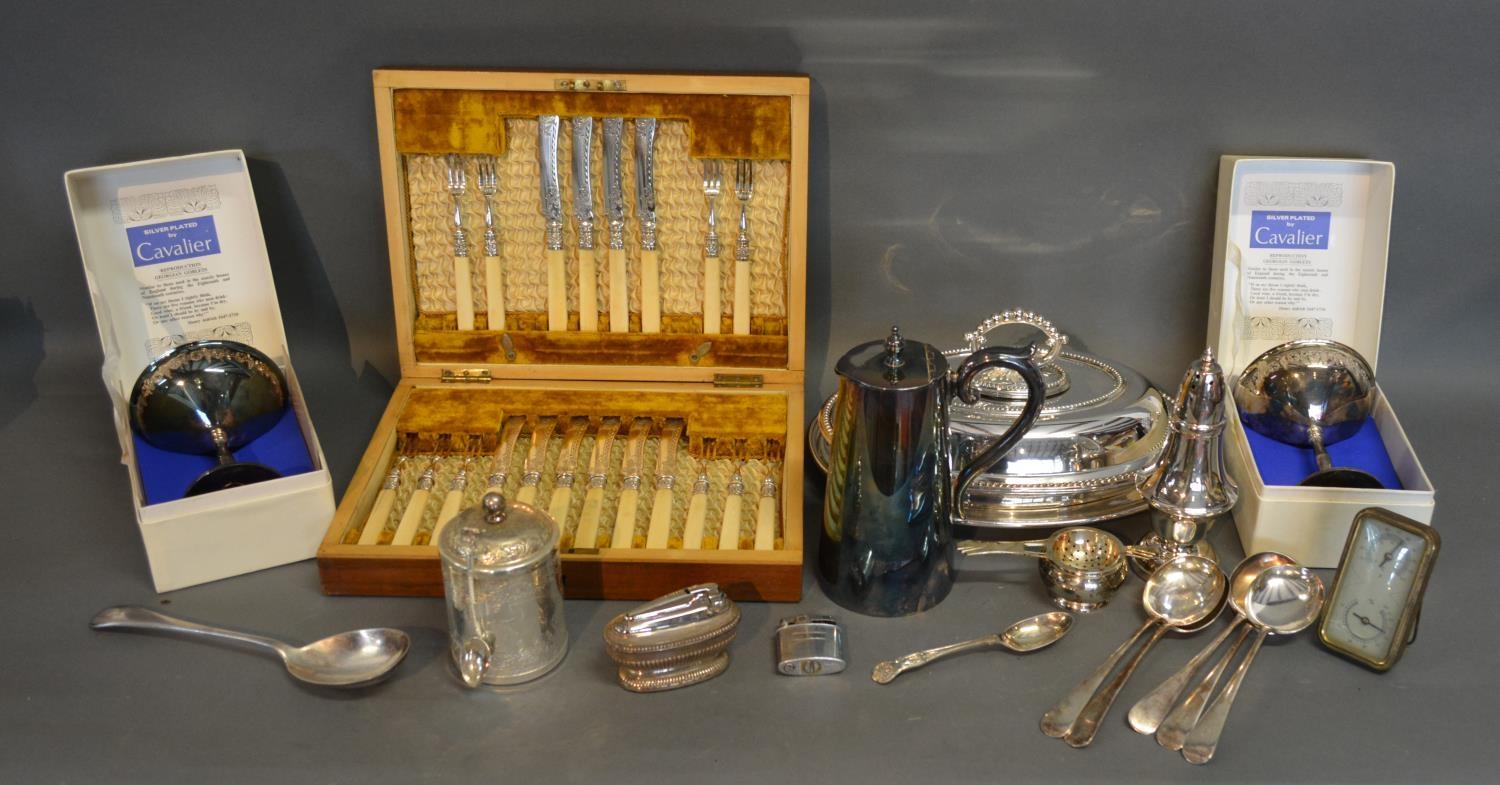 A Mahogany Cased Set Of Knives And Forks With Silver Collars, together with various silver plate