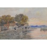 A Late 19th Early 20th Century Watercolour River Scene With Figures On A Bridge, indistinctly