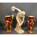 A Pair Of Art Nouveau Style Large Vases, together with a plaster model of an athlete with discus,