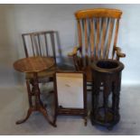 A Victorian Oak Stick Stand Together With A Swing Framed Toilet Mirror, a farmhouse armchair, a 19th