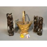 Two Small Japanese Wooden Face Masks, together with three carved wooden figures and a brass