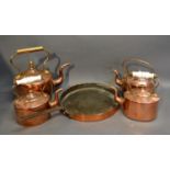 Four Copper Kettles Together With A Copper Frying Pan