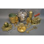 A Pierced Brass Ink Stand Together With A Silver Plated Spirit Kettle by Elkington and a small