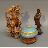 A Japanese Figural Root Carving Together With Another Similar Figure and a Cloisonne covered bowl
