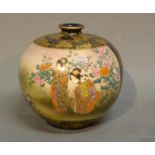 A Satsuma Earthenware Bulbous Shaped Vase Decorated with figures amongst foliage and highlighted