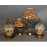A Glass Table Lamp With Feather Shade Together With Another Similar and a pair of porcelain table
