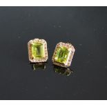 A Pair Of Yellow Gold Peridot And Diamond Set Ear Studs of rectangular form claw set