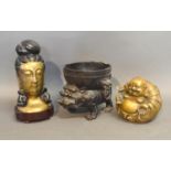 A Patinated Brass Model Of Buddha Together With A Similar Bust and a similar jardiniere