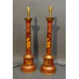 A Pair Of Tole-Ware Table Lamps Of Cylindrical Column Form each with chinoiserie decoration upon a