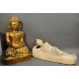 A Carved Stone Model Of Buddha Together With A Reproduction gilded model of Buddha, 65cm tall