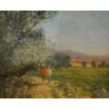 Howard Scott, Two Figures Within A Rural Setting, Oil On Board, signed, 22cm by 29cm