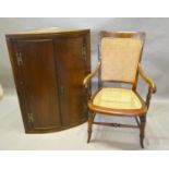 A George III Oak Bow Fronted Hanging Corner Cabinet, together with a Victorian mahogany arm chair