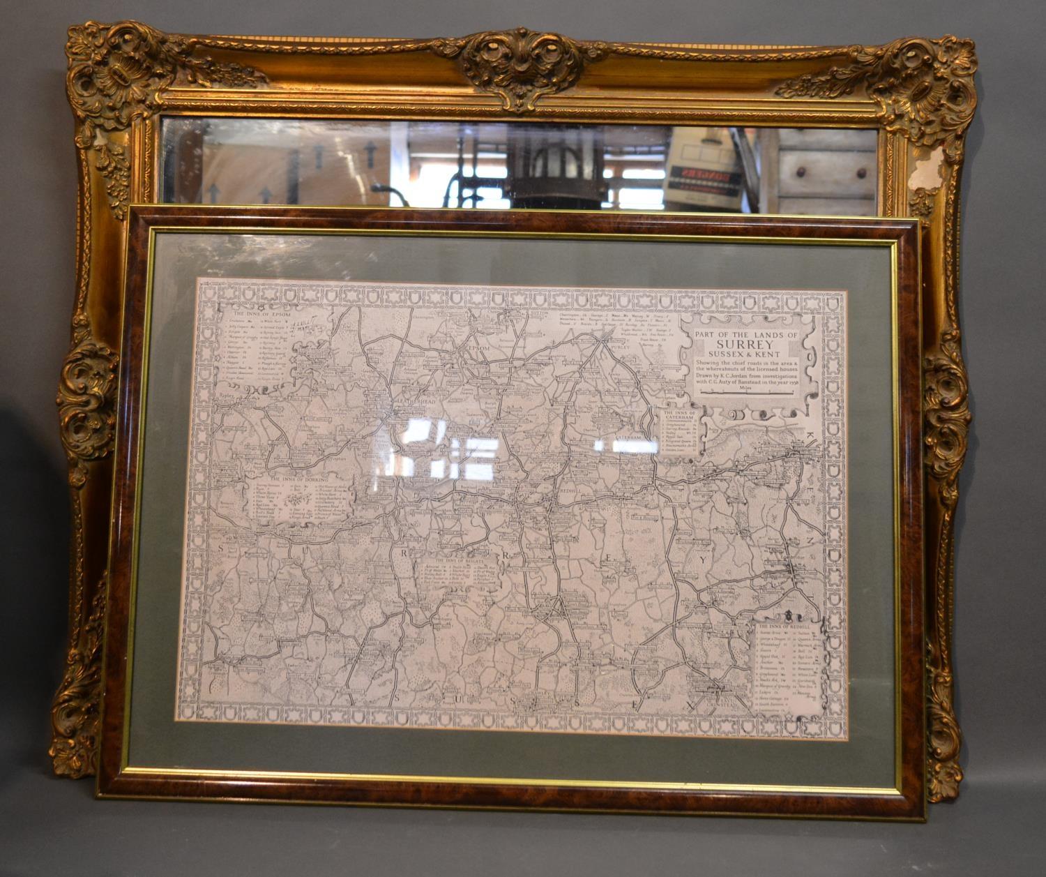 A Rectangular Gilt Framed Wall Mirror Together With A Reproduction Map of Surrey, Sussex and Kent