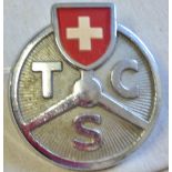 Automobile-vintage Swiss car badge T.C.S with material red + white enamel, very good condition