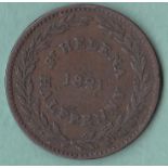 Saint Helena 1821 Halfpenny British East India Company Arms, Rev Date at Centre of St Helena and