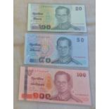 Thailand uncirculated range, 20 Baht, 50 Baht, 100 Baht, all UNC (3)