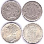 U.S.A. 1870-Three cents,GEF-U.S.A.1942- Dime, BUNC