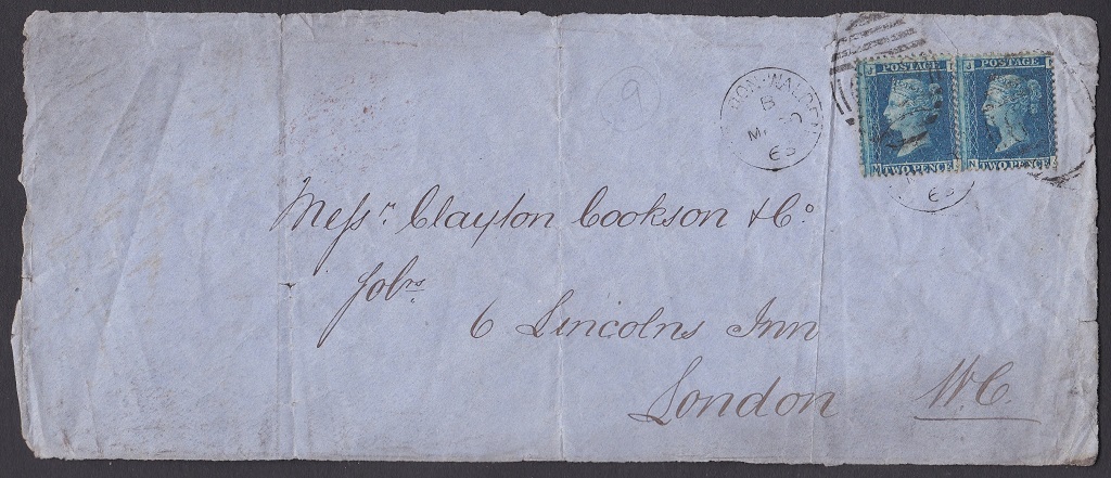 Great Britain 1865-Front with 2d Blue, plate 9,(2) JI,JK, fine used Saffron Walden light duplex. - Image 2 of 2