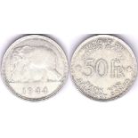 Belgian Congo 1944 50 Francs, Silver, Elephant GEF/AUNC, Rare KM 27