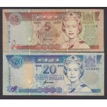 Fiji - 2002 5 dollars, 20 Dollars, P105 + P107, Grade VF.