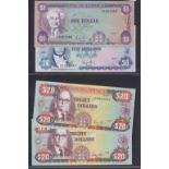 Jamaica 1987 1 Dollar and 10 Dollars P68a, P71b; 1986 20 Dollars (2 Consecutive) P72b all UNC (4)